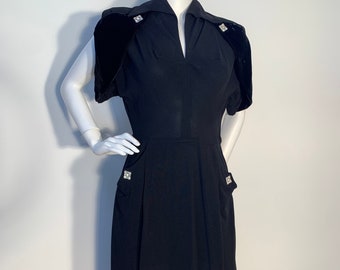 40’s Claudette Fashions Cocktail Dress, Claudette Colbert, Rhinestone Brooches, Pockets, WWII Dress, Black Rayon Crepe, Christmas, New Years