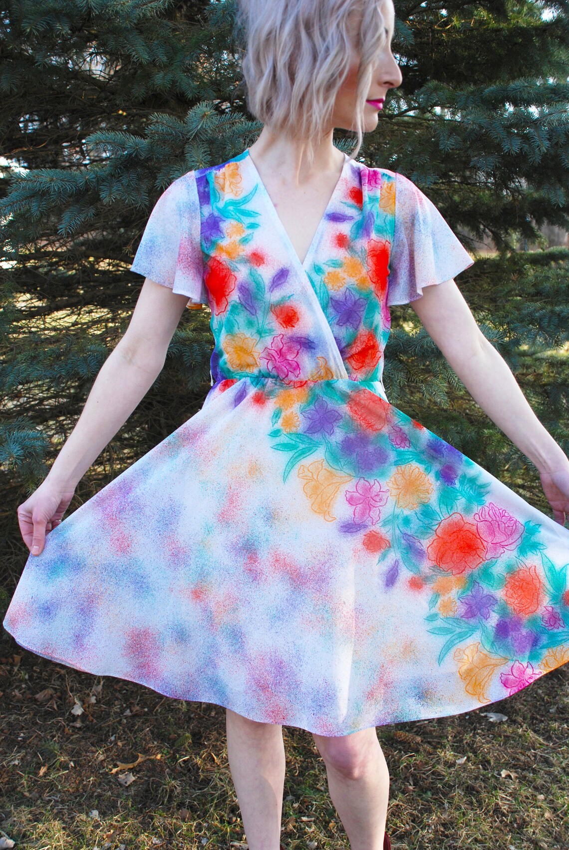 70s 80s Vintage Floral Print Dress, Rainbow Spray Paint, Surplice ...