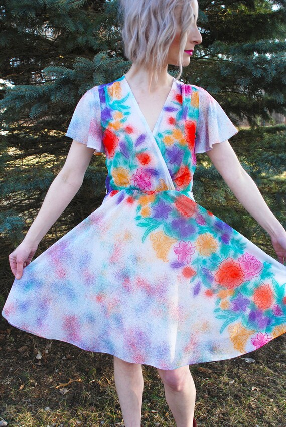 70’s 80’s Vintage Floral Print Dress, Rainbow Spr… - image 5