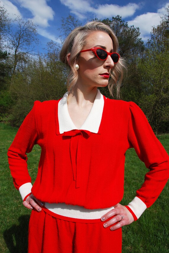 Vintage Red Knit Sweater Skirt Set, ILGWU Made in… - image 2