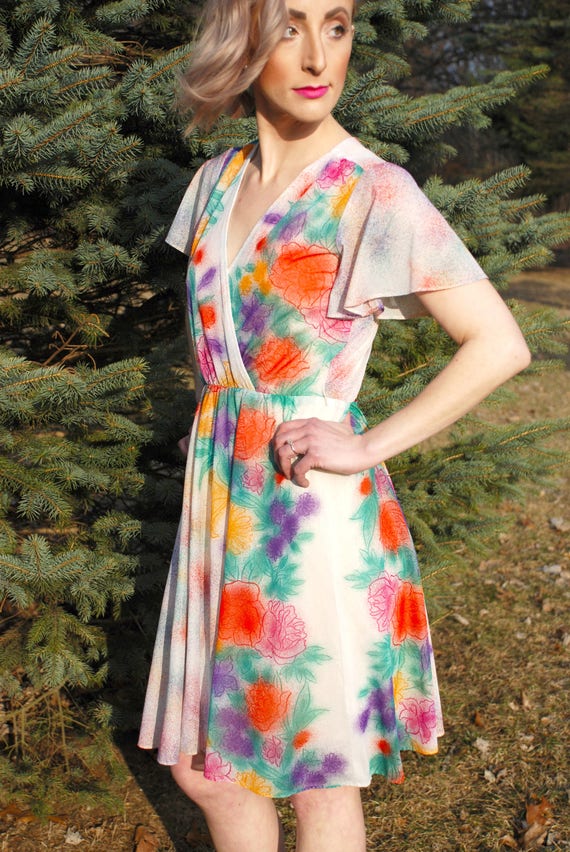 70’s 80’s Vintage Floral Print Dress, Rainbow Spr… - image 3