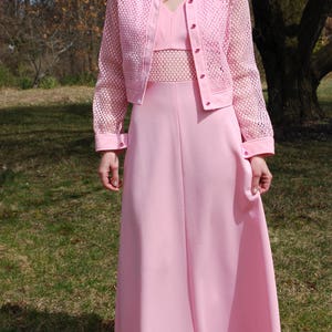 70s Vintage MONTGOMERY WARD Dress & Crop Jacket, Pink, Sheer Mesh Illusion, Rhinestone Buttons, Maxi Gown, Matching Set, Festival, Size M image 2