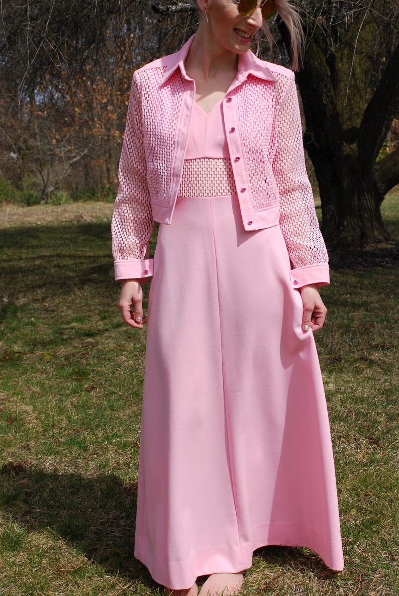 70s Vintage MONTGOMERY WARD Dress & Crop Jacket, Pink, Sheer Mesh Illusion, Rhinestone Buttons, Maxi Gown, Matching Set, Festival, Size M image 2