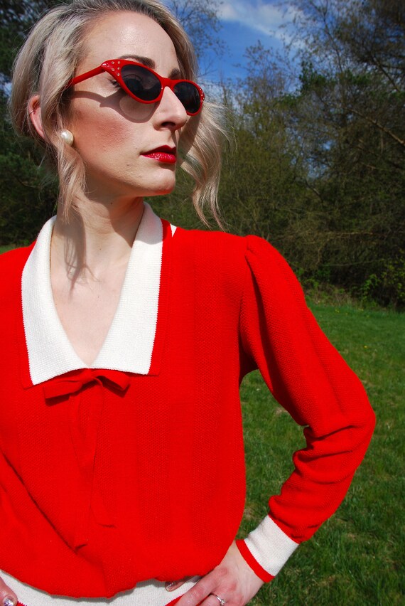 Vintage Red Knit Sweater Skirt Set, ILGWU Made in… - image 4