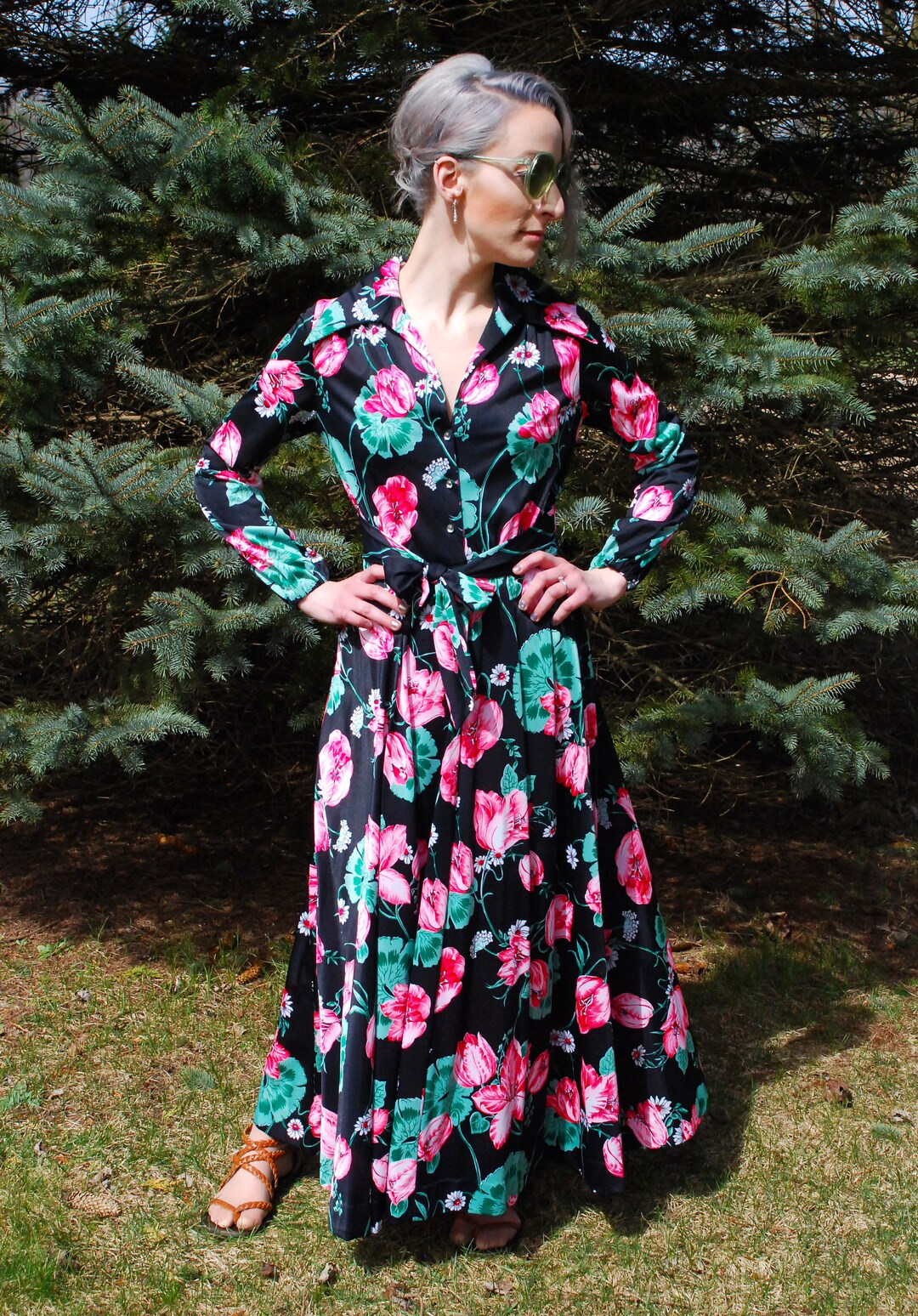 Vintage 70s Maxi Dress in Pink and White Striped, Buttoned
