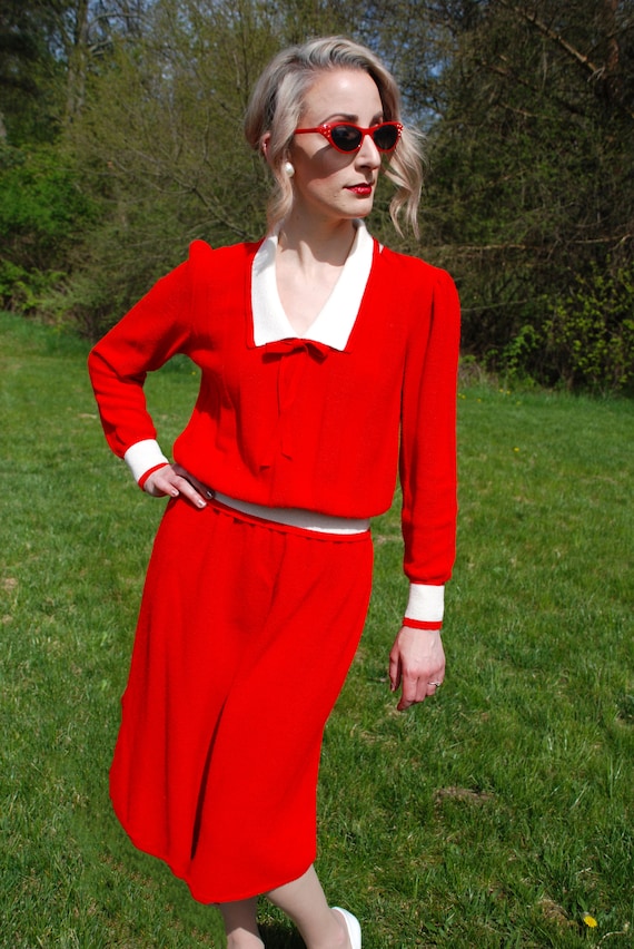 Vintage Red Knit Sweater Skirt Set, ILGWU Made in… - image 1