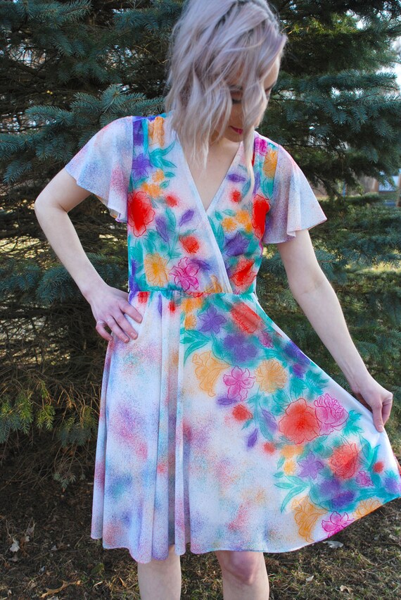 70’s 80’s Vintage Floral Print Dress, Rainbow Spr… - image 2