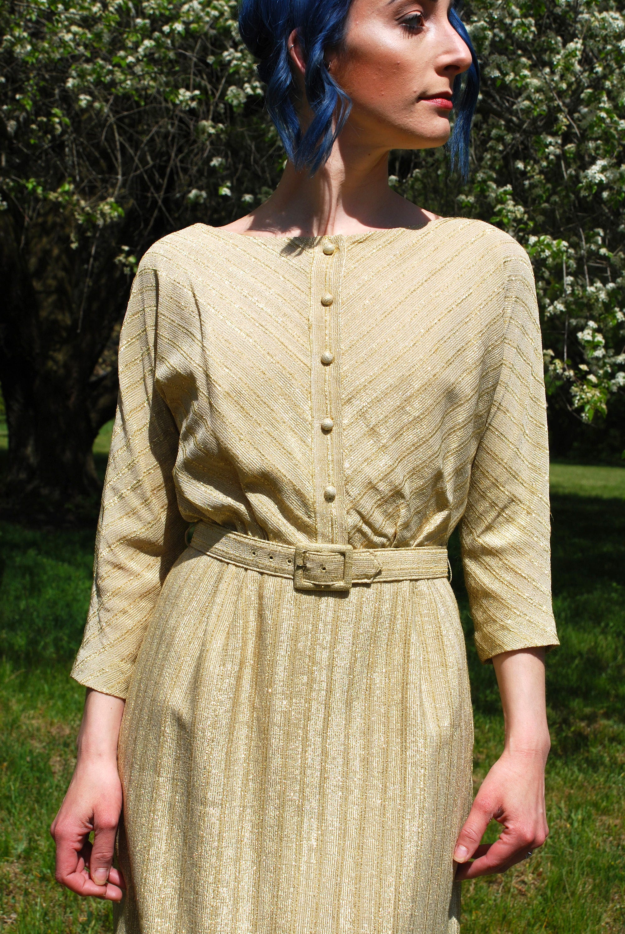 Vintage 50s ELINOR PORTER Gold Dress, Lamé Striped, Shirtwaist Dress ...