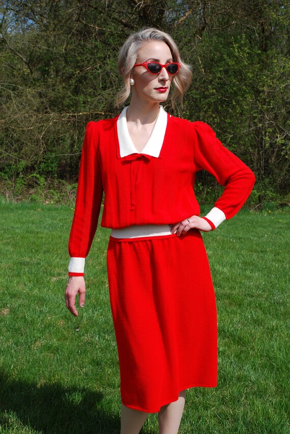Vintage Red Knit Sweater Skirt Set, ILGWU Made in… - image 3
