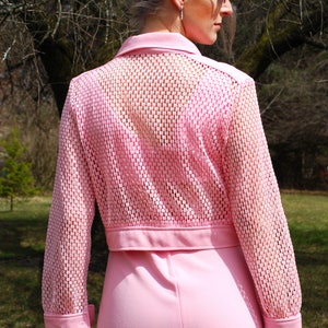 70s Vintage MONTGOMERY WARD Dress & Crop Jacket, Pink, Sheer Mesh Illusion, Rhinestone Buttons, Maxi Gown, Matching Set, Festival, Size M image 6