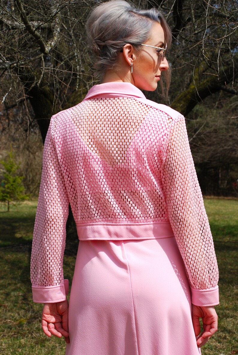 70s Vintage MONTGOMERY WARD Dress & Crop Jacket, Pink, Sheer Mesh Illusion, Rhinestone Buttons, Maxi Gown, Matching Set, Festival, Size M image 6