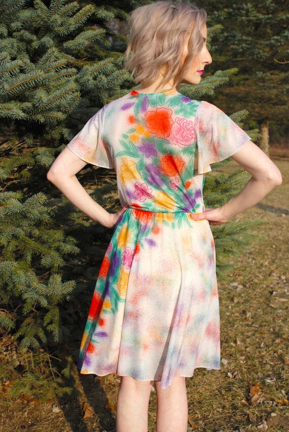 70’s 80’s Vintage Floral Print Dress, Rainbow Spr… - image 4