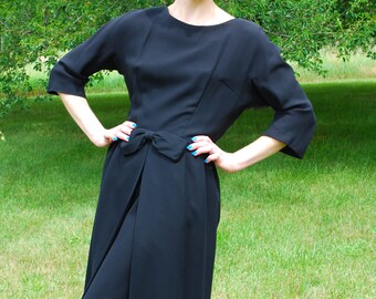 50’s 60’s Vintage Black ‘Sheath’ Dress, Bow, Hourglass, Layered Bell Skirt, Sleeves, Classic, Holiday, Pinup, Bombshell, Mad Men, Size M/L