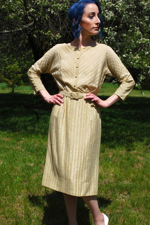 Vintage 50’s ELINOR PORTER Gold Dress, Lamé Stripe