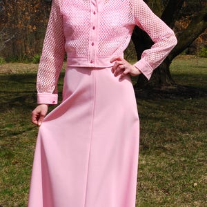 70s Vintage MONTGOMERY WARD Dress & Crop Jacket, Pink, Sheer Mesh Illusion, Rhinestone Buttons, Maxi Gown, Matching Set, Festival, Size M image 3