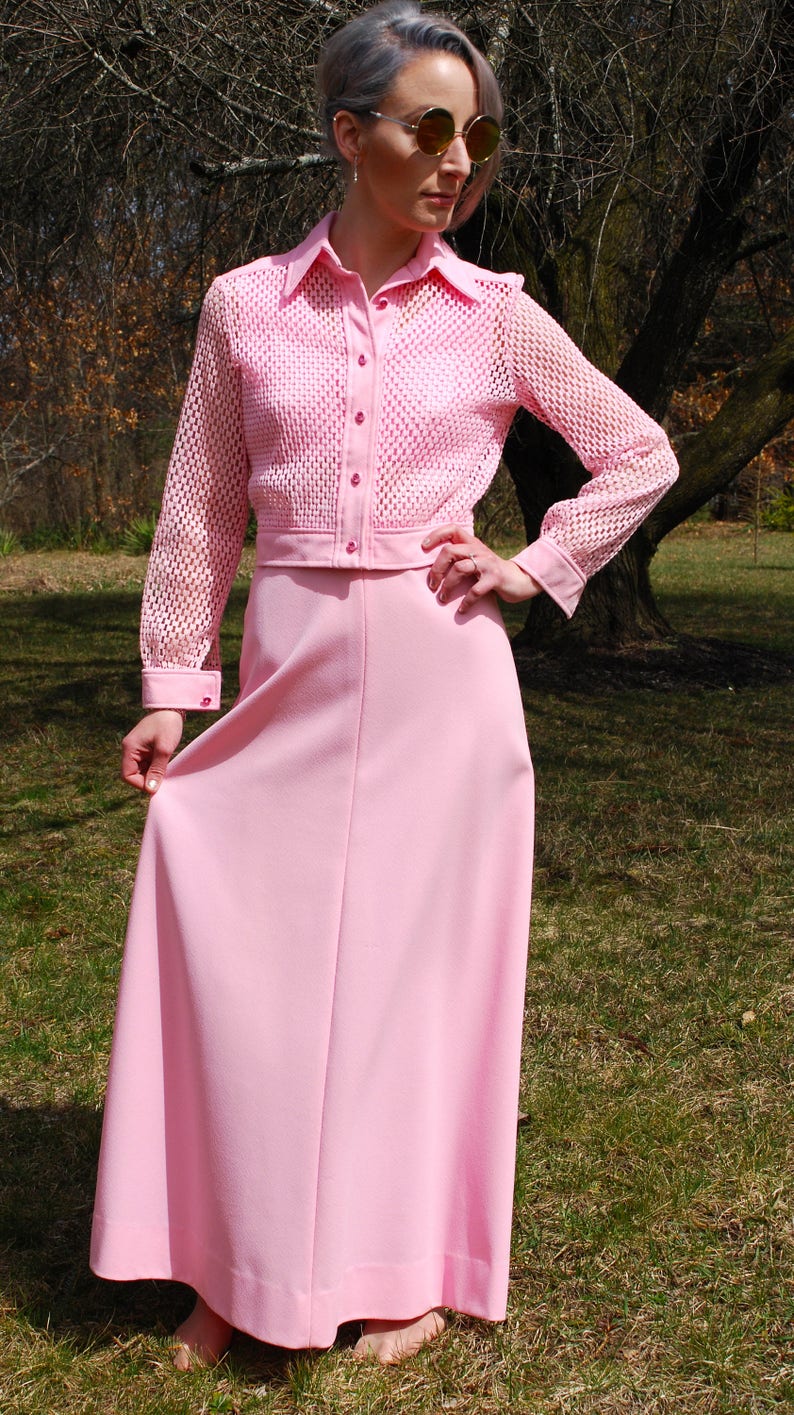 70s Vintage MONTGOMERY WARD Dress & Crop Jacket, Pink, Sheer Mesh Illusion, Rhinestone Buttons, Maxi Gown, Matching Set, Festival, Size M image 3