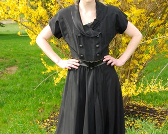 40’s 50’s, Vintage Sheila Lynn Original Dress, JL Hudson Detroit MI, Double Breasted, Shawl Collar Faux Wrap, New Look, Patent Belt, Size M