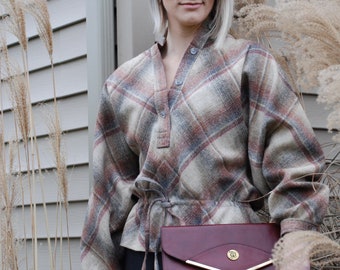 70’s Vintage Don Sayres for Gamut Plaid Shirt, Gathered Waist, Deep V Button-Up, 100% Wool, ILGWU Tag, Made in USA, Size S/M