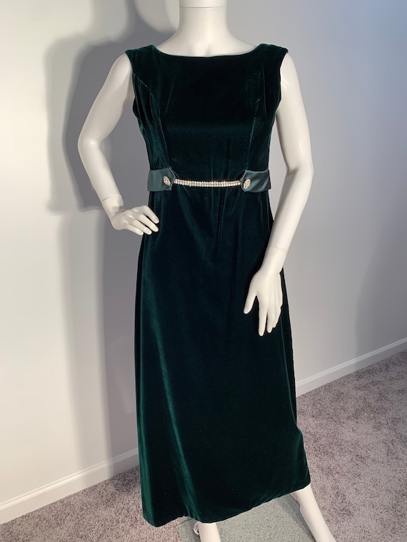 Vintage 50’s 60’s Emerald Green Velvet Maxi Dress… - image 1