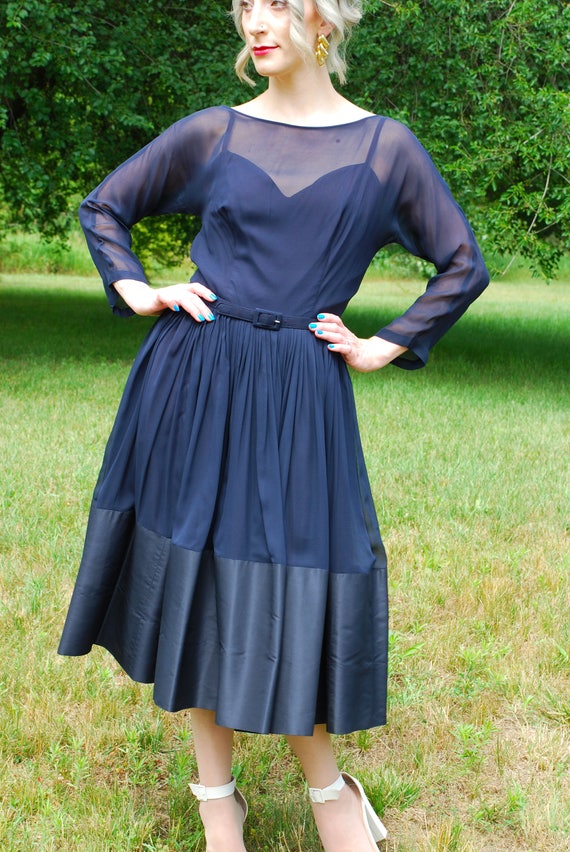 50’s Vintage A New DEB Frock New York Dress, Navy… - image 1