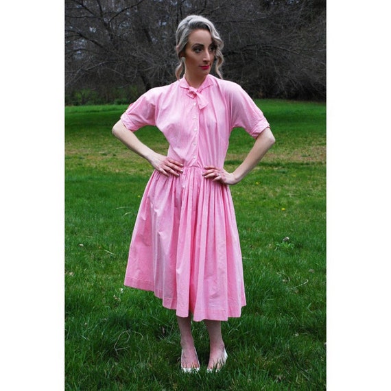 50’s Vintage Pink Plaid Dress, Handmade Shirtwaist