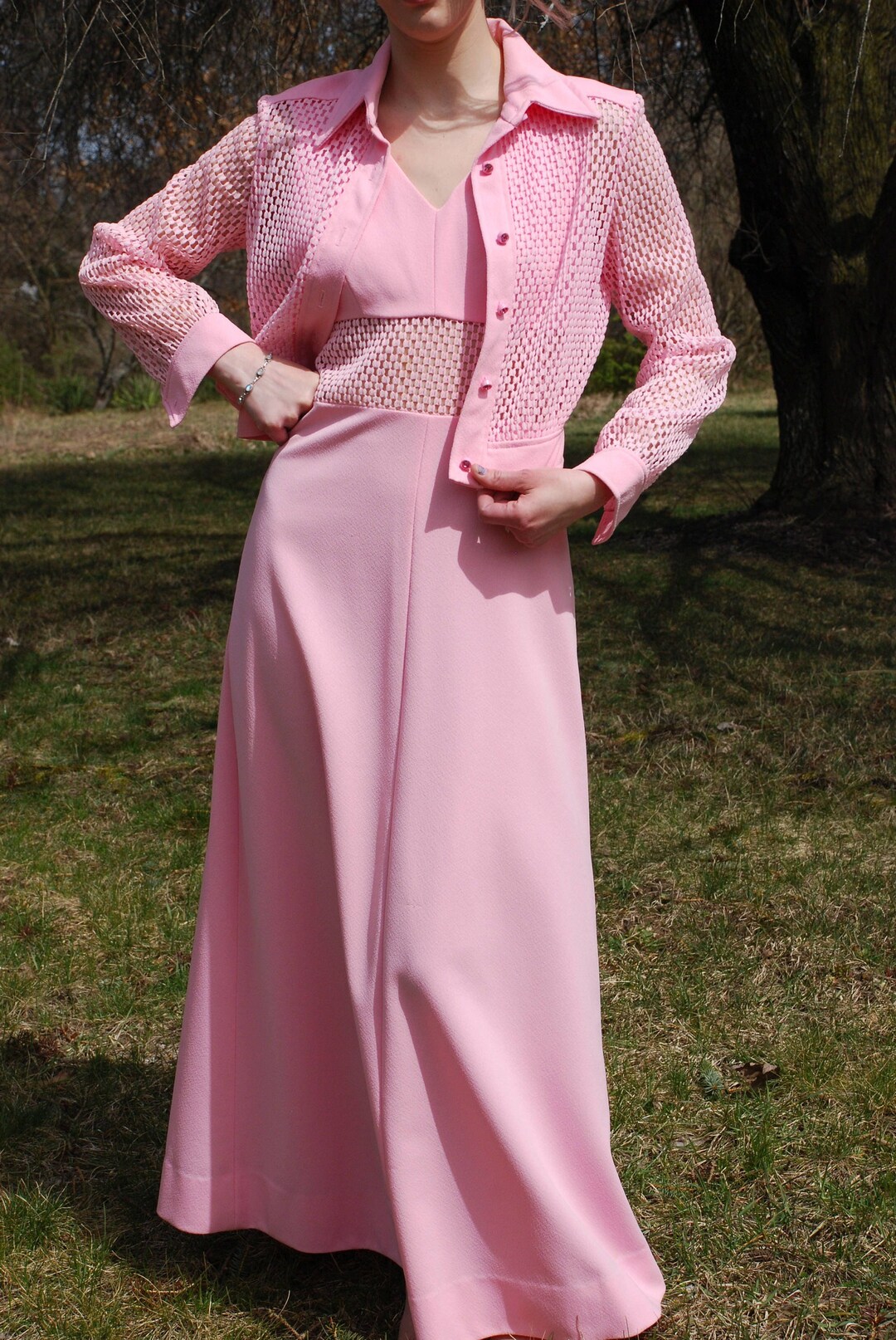 70's Pink Lace Maxi Dress by Montgomery Ward main image 0