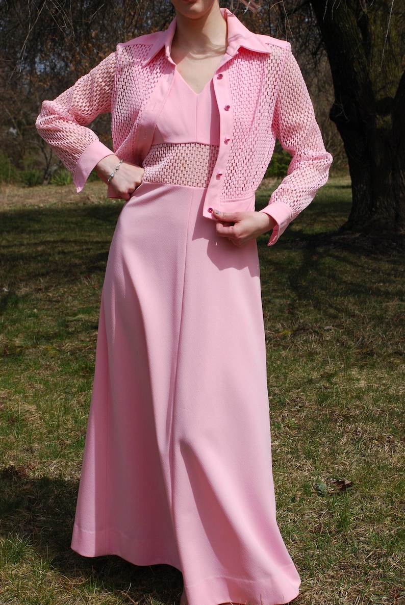 70s Vintage MONTGOMERY WARD Dress & Crop Jacket, Pink, Sheer Mesh Illusion, Rhinestone Buttons, Maxi Gown, Matching Set, Festival, Size M image 1
