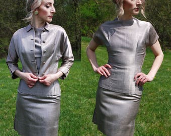 40’s 50’s Vintage 3 Piece Set HANDMADE Top, Pencil Skirt, Cropped Jacket, Striped, Suit Set, Hourglass, Pinup Bombshell, Mad Men, Size S