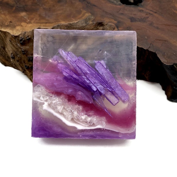 Lavender Tanzanite Crystal Soap - Polished Agate Square Crystal Hand / Bath Bar Soap (Night Violet Fragrance Oil Scent) : PM0072