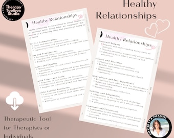 Puede incluir: Una hoja de trabajo imprimible con un fondo rosa y dos tarjetas blancas. Las tarjetas contienen texto sobre relaciones saludables. El texto en las tarjetas es negro. El texto en la tarjeta de la izquierda es "Healthy Relationships" y el texto en la tarjeta de la derecha es "Healthy Relationships". El texto en la tarjeta de la izquierda está dividido en secciones con encabezados como "Comunicación efectiva", "Confianza y transparencia", "Respeto e igualdad", "Valores y objetivos compartidos", y "Resolución sana de conflictos". El texto en la tarjeta de la derecha está dividido en secciones con encabezados como "Apoyo emocional", "Intimidad y afecto", "Independencia e interdependencia", "Flexibilidad y adaptabilidad", y "Compromiso y coherencia".
