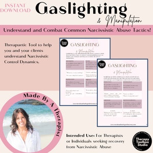 May include: A pink and white printable worksheet titled "Gaslighting & Manipulation" with a graphic of a woman's face. The worksheet is a therapeutic tool to help understand and combat common narcissistic abuse tactics. The text "Made By A Therapist" is written in a circle around the woman's face.