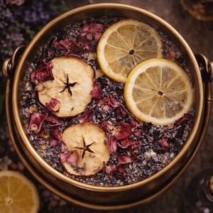 Puede incluir: Un caldero dorado lleno de agua, lavanda seca, pétalos de rosa, rodajas de manzana y rodajas de limón. El caldero tiene dos asas y está sobre un fondo oscuro. Los ingredientes crean una exhibición colorida y aromática.