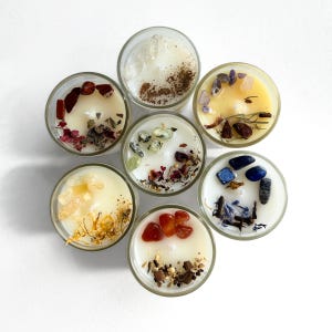 Chakra Candles ~ Cleansing & Intuitive Tumbled Crystals ~ Essential Oils ~ Herbal Soy Candles for Meditation, Divination, Spiritual Decor