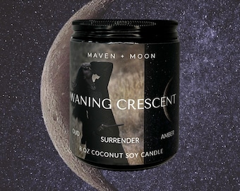 WANING CRESCENT - Bougie de soja à la noix de coco de 8 oz, phases lunaires, mystique, céleste, bougie contenant cosmique pour autel ou méditation rituelle