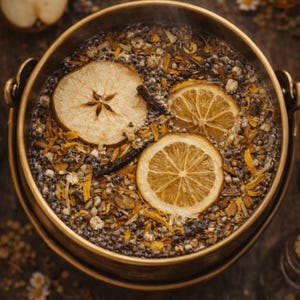 May include: A brass cauldron filled with a simmering herbal mixture. Slices of dried apple and lemon float amidst the herbs, with steam rising from the surface. The mixture includes yellow and purple flowers.