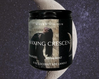 WAXING CRESCENT - 8 OZ Coconut Soy Candle, Lunar Phases, Mystical, Celestial, Cosmic Container Candle for Altar or Ritual Meditations