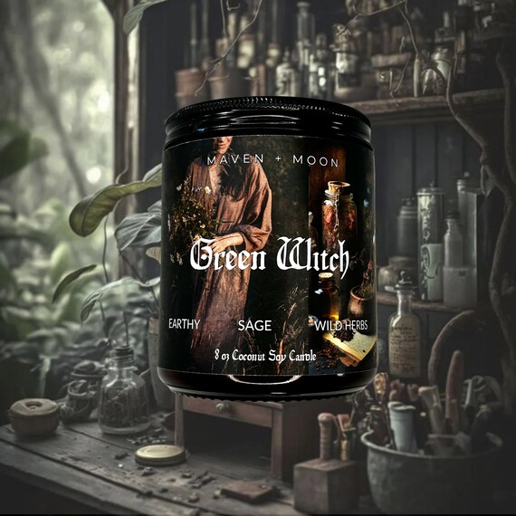 GREEN WITCH 8 OZ Coconut Soy Candle, Herbal Candle, Wicca, Cottage Witch, Witch Decor, Kitchen Witch, Rosemary, White Sage, Cedar and Lemon
