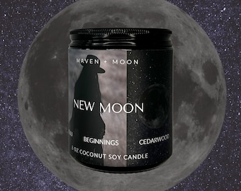 NOUVELLE LUNE - Bougie de soja à la noix de coco de 8 onces, phases lunaires, mystique, céleste, bougie contenant cosmique pour autel ou méditations rituelles