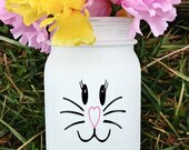 Mason jar, painted mason jar, bunny mason jar, Easter decor, painted Easter decor, white mason jar, mason jar vase, Easter, bunny face,