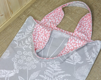 Cotton Book Bag Handmade in Grey Hare and Fern Fabric and Lined with Peach and White Abstract Fabric