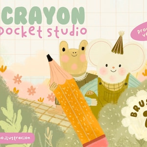 May include: Crayon Pocket Studio Procreate Brushes 7, a digital illustration featuring a frog and a mouse holding a large orange crayon. The illustration is set against a background of green and pink foliage.