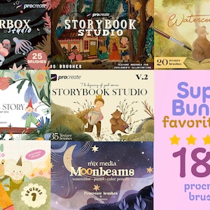 Puede incluir: Un paquete de 7 conjuntos de pinceles Procreate para arte digital, con un total de 180 pinceles. Los conjuntos incluyen "Colorbox Studio", "Storybook Studio", "Watercolor Tale", "Endless Story", "Crayon Pocket Studio", "Storybook Studio" y "Mix Media Moonbeams".