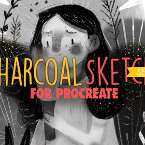 May include: A digital illustration of a charcoal sketch set for Procreate. The image features a woman with long black hair and a white dress, with a charcoal pencil in her hand. The text "CHARCOAL SKETCH SET FOR PROCREATE" is displayed in yellow and red letters.