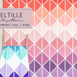 May include: A quilt pattern called "Delt Lille" with a gradient of pink and purple diamond shapes. The pattern is available in baby, throw, full, and king sizes.