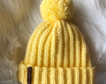 Hats, beanie,Yellow hat with pompom, Ready to Ship