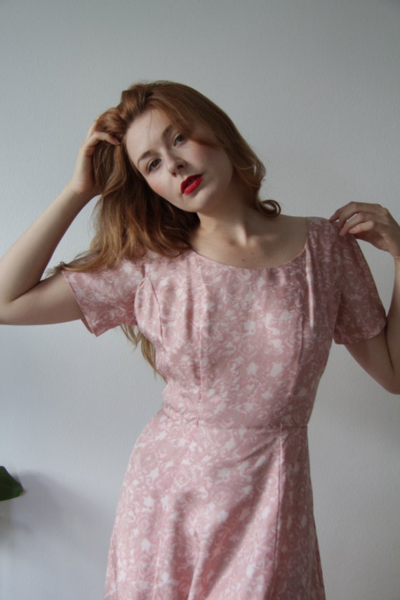 Pink and rose floral Satin Dress 1950's