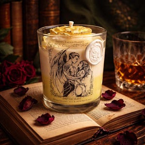 May include: A scented candle in a clear glass, featuring a black and white illustration of a winged figure embracing a woman. The candle is part of the "Dirty Fae Flames Collection" and is topped with a decorative gold piece. The candle sits on an open book.