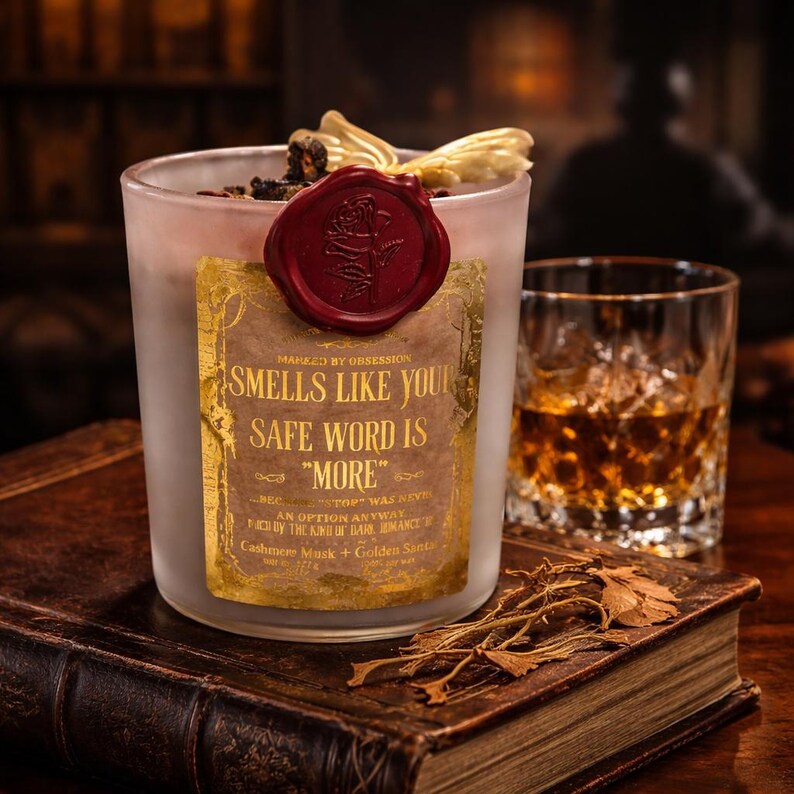 "Smells Like your safe word is "More"" 
Dark romance soy candle in matte white vessel with crimson wax bloom, golden wings, and gold foil label - Smells Like Your Safe Word Is More from Marked by Obsession collection