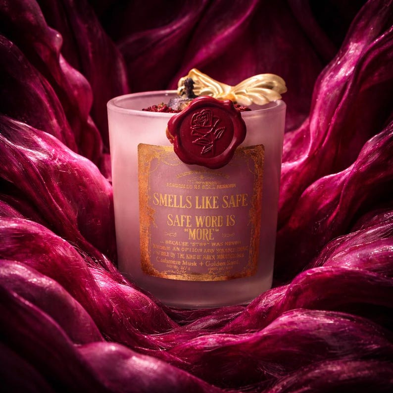 "Smells Like your safe word is "More"" 
Dark romance soy candle in matte white vessel with crimson wax bloom, golden wings, and gold foil label - Smells Like Your Safe Word Is More from Marked by Obsession collection