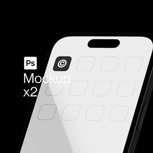May include: A black smartphone mockup with a white screen showing app icons. The screen has a notch at the top and a black border. The text "Ps Mockup x2" is visible on the left side.